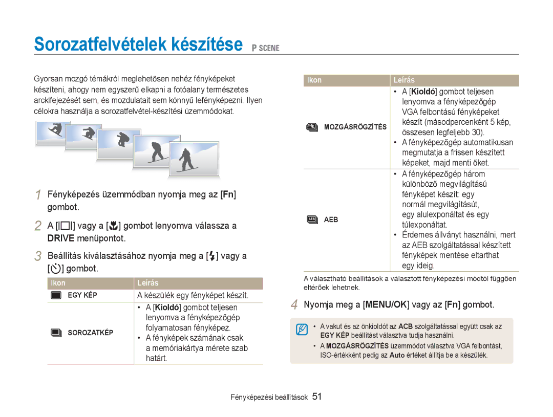 Samsung EC-NV9ZZBBA/E3, EC-NV9ZZSBB/IT, EC-NV9ZZSBA/E3 manual Sorozatfelvételek készítése 1 