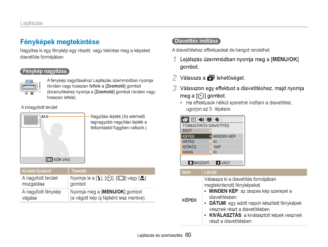 Samsung EC-NV9ZZBBA/E3 manual Fényképek megtekintése, Meg a t gombot, Fénykép nagyítása, Diavetítés indítása, Képek 