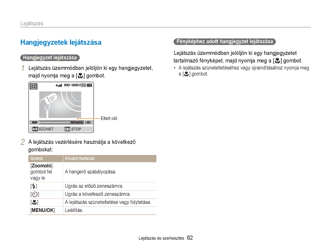 Samsung EC-NV9ZZSBB/IT manual Hangjegyzetek lejátszása, Lejátszás vezérlésére használja a következĘ gombokat, Menu/Ok 