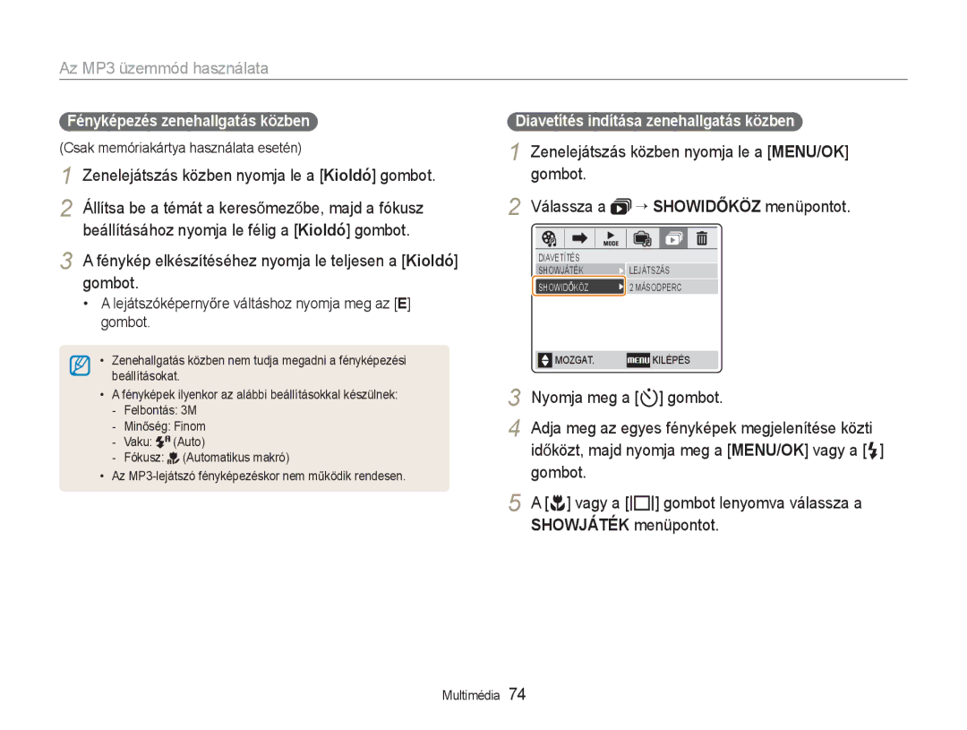 Samsung EC-NV9ZZSBB/IT, EC-NV9ZZBBA/E3 manual Az MP3 üzemmód használata, Zenelejátszás közben nyomja le a Kioldó gombot 