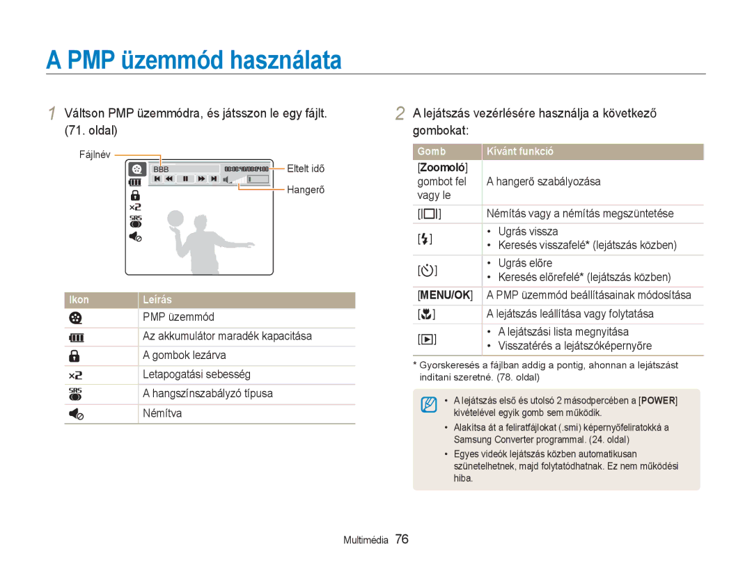 Samsung EC-NV9ZZSBA/E3, EC-NV9ZZSBB/IT manual PMP üzemmód használata, Váltson PMP üzemmódra, és játsszon le egy fájlt Oldal 