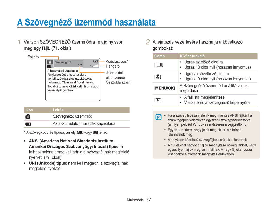 Samsung EC-NV9ZZSBB/IT, EC-NV9ZZBBA/E3, EC-NV9ZZSBA/E3 SzövegnézĘ üzemmód használata, Az akkumulátor maradék kapacitása 