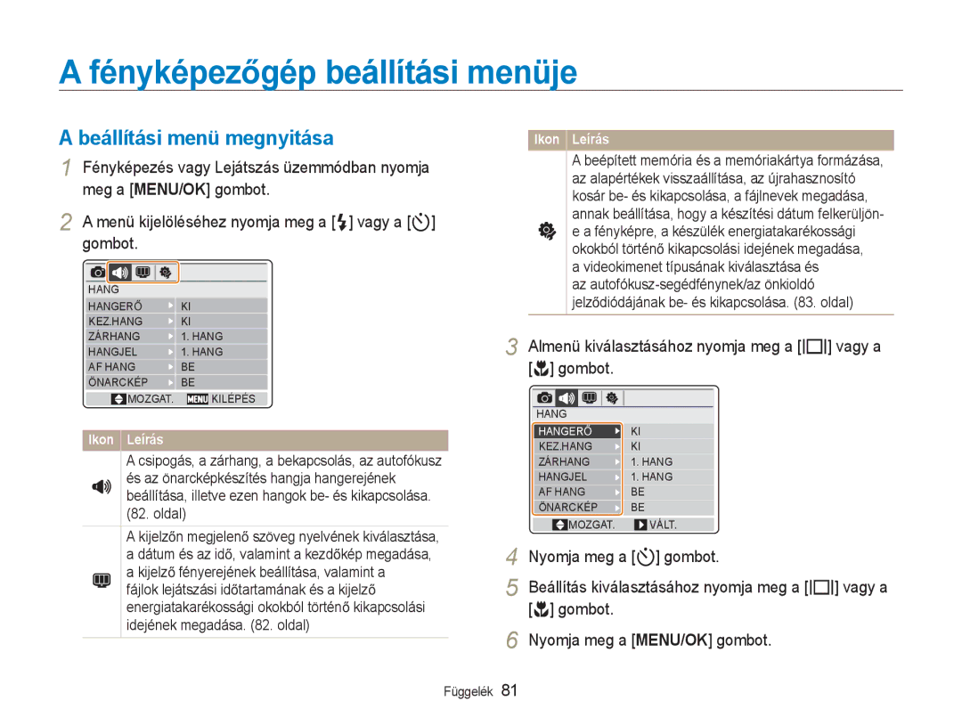 Samsung EC-NV9ZZBBA/E3, EC-NV9ZZSBB/IT manual FényképezĘgép beállítási menüje, Beállítási menü megnyitása, Függelék 