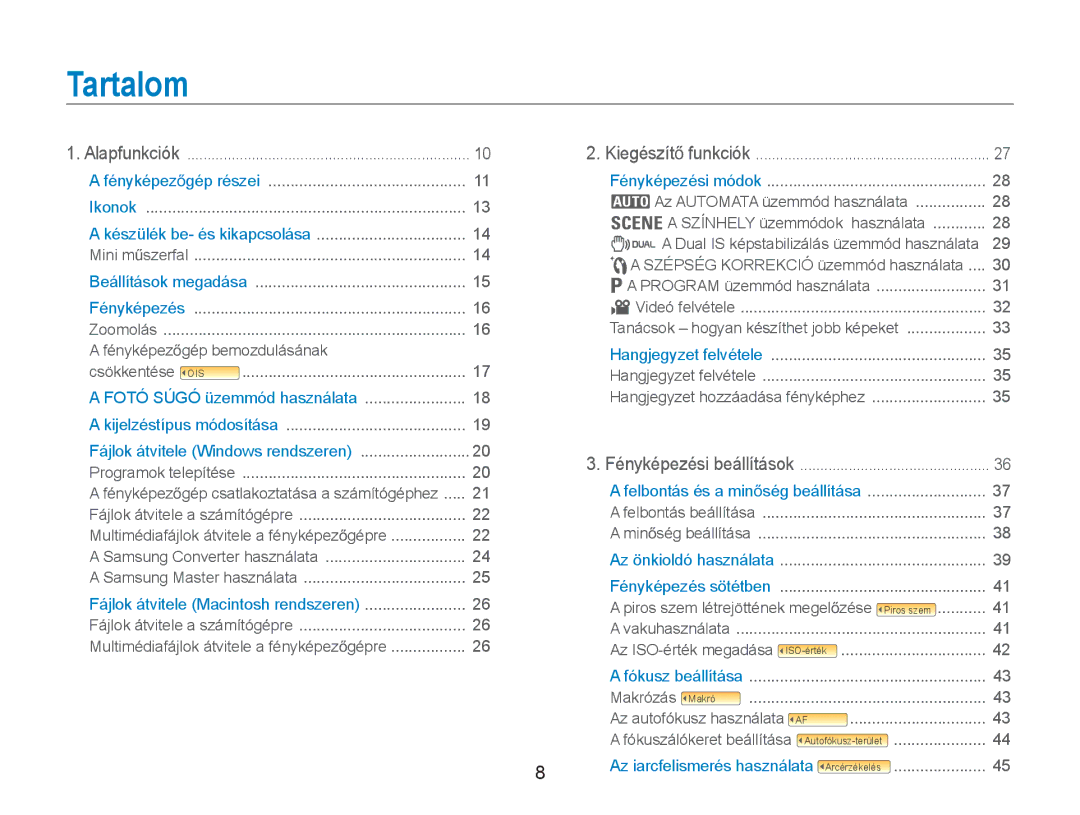 Samsung EC-NV9ZZSBB/IT, EC-NV9ZZBBA/E3, EC-NV9ZZSBA/E3 manual Tartalom 