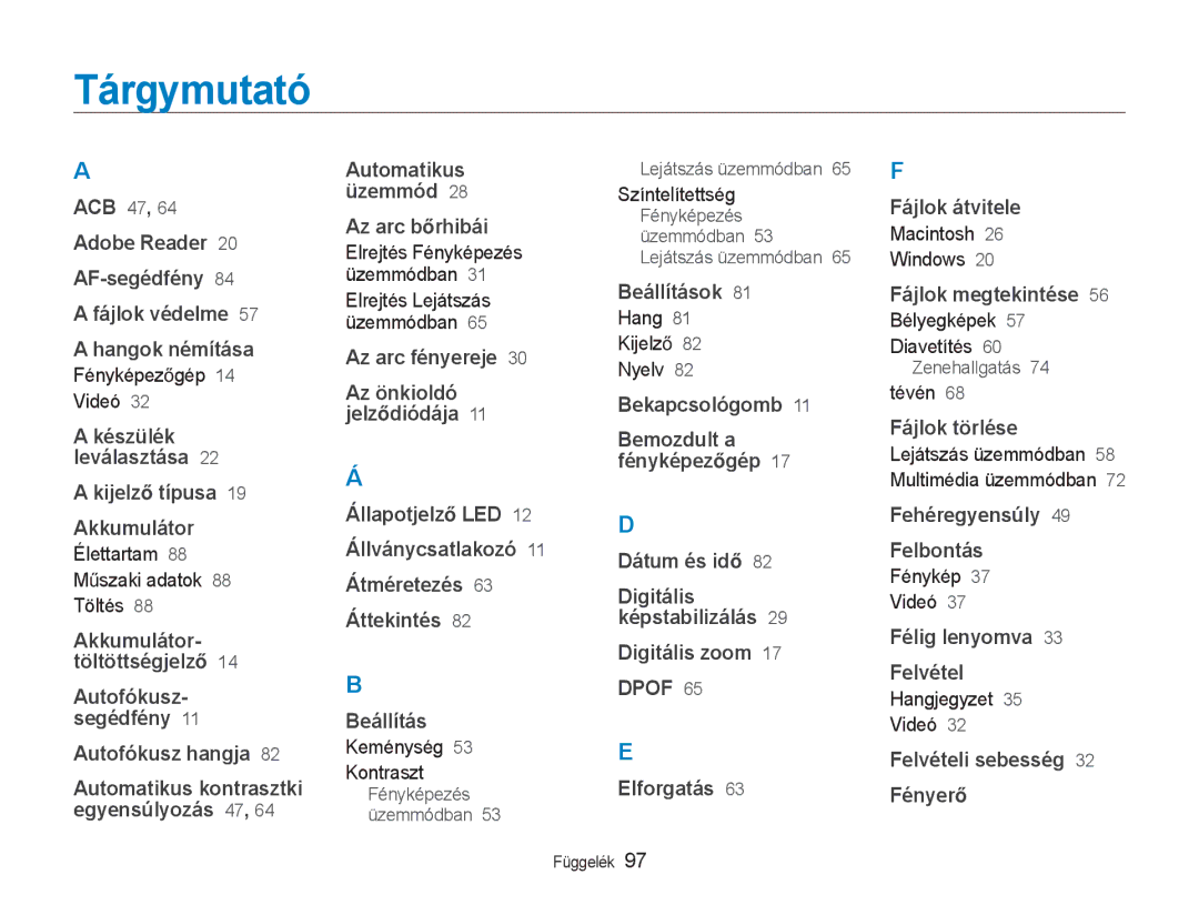 Samsung EC-NV9ZZSBA/E3, EC-NV9ZZSBB/IT, EC-NV9ZZBBA/E3 manual Tárgymutató, Lejátszás üzemmódban 58 Multimédia üzemmódban 