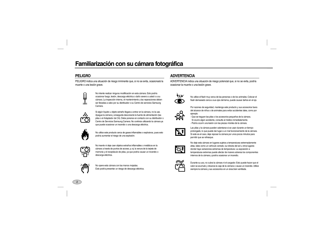 Samsung EC-P1000PBA/IT, EC-P1000BBA/IT, EC-P1000SBA/IT manual Familiarización con su cámara fotográfica, Peligro, Advertencia 