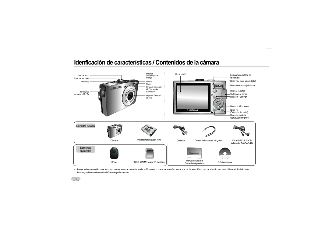 Samsung EC-P1000SBA/E1, EC-P1000BBA/IT manual Idenficación de características / Contenidos de la cámara, Elementos incluidos 