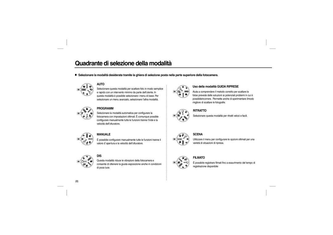 Samsung EC-P1000SBA/IT, EC-P1000BBA/IT manual Quadrante di selezione della modalità, Uso della modalità Guida Riprese 