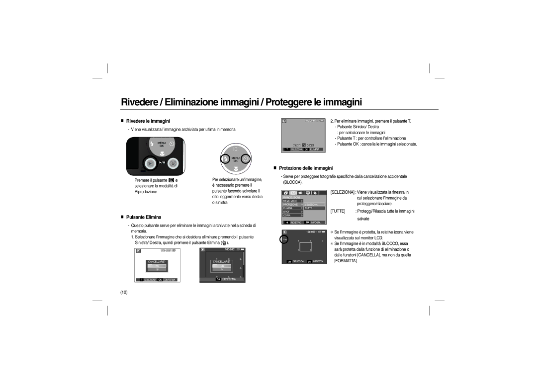 Samsung EC-P1000PBA/IT Rivedere / Eliminazione immagini / Proteggere le immagini, Rivedere le immagini, Pulsante Elimina 