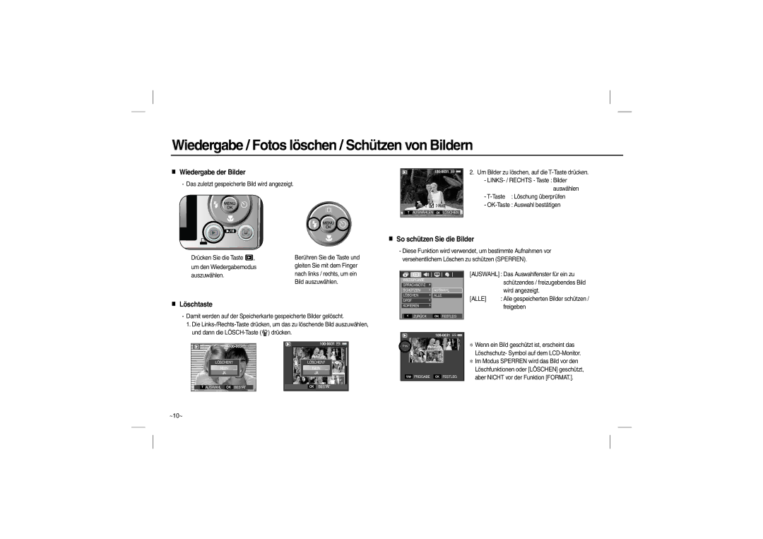 Samsung EC-P1000PBA/IT, EC-P1000BBA/IT, EC-P1000SBA/IT manual Wiedergabe der Bilder, So schützen Sie die Bilder, Löschtaste 