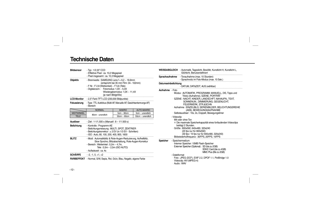 Samsung EC-P1000SBA/E1, EC-P1000BBA/IT, EC-P1000SBA/IT, EC-P1000LBA/IT, EC-P1000PBA/IT manual Technische Daten, Objektiv 