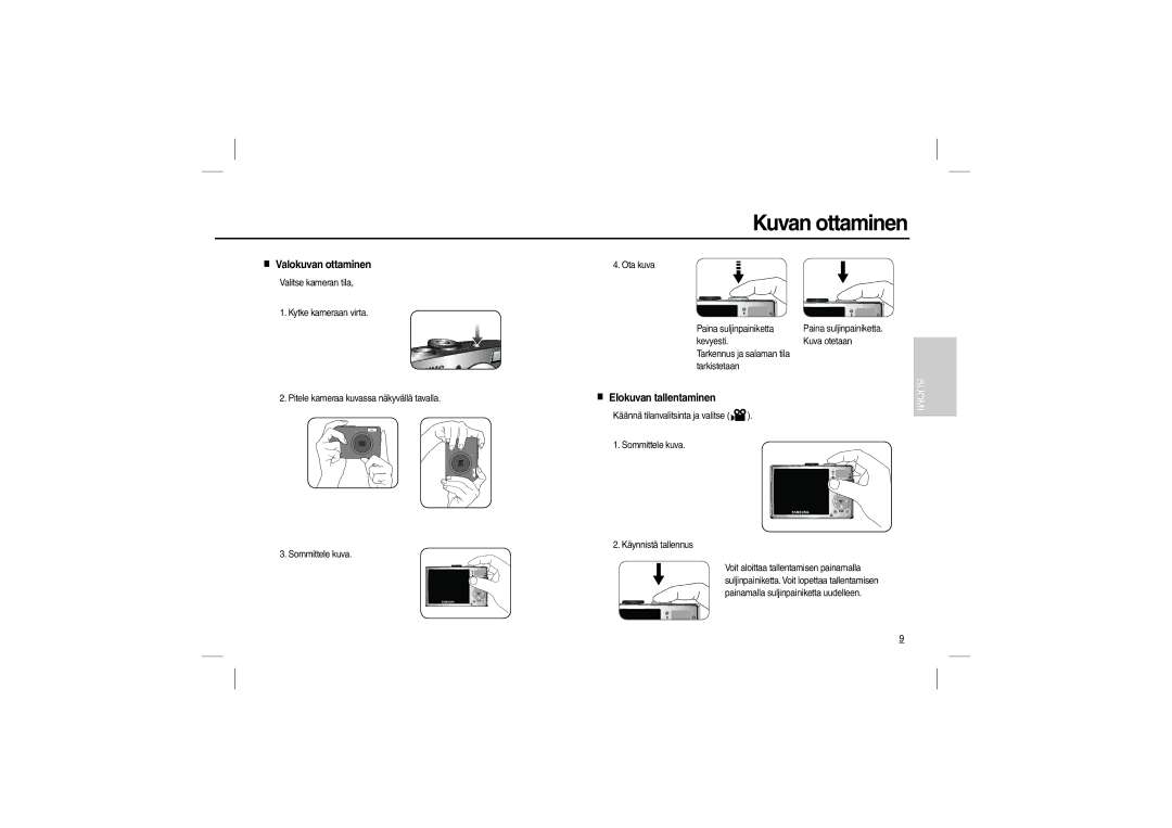 Samsung EC-P1000BBA/IT, EC-P1000SBA/IT, EC-P1000LBA/IT manual Kuvan ottaminen, Valokuvan ottaminen, Elokuvan tallentaminen 