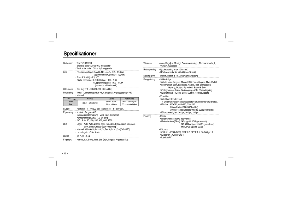 Samsung EC-P1000SBA/IT, EC-P1000BBA/IT, EC-P1000LBA/IT, EC-P1000PBA/IT, EC-P1000LBA/E1, EC-P1000SBA/E1 Specifikationer, Lins 