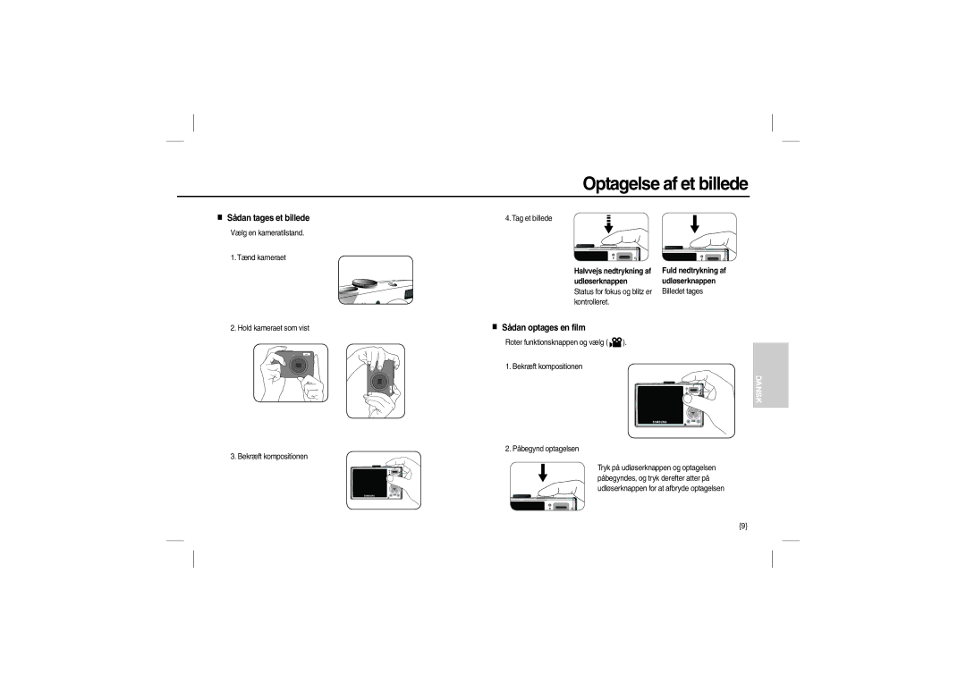 Samsung EC-P1000LBA/IT, EC-P1000BBA/IT manual Optagelse af et billede, Sådan tages et billede, Sådan optages en film 