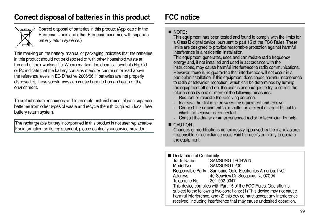 Samsung EC-P1000LBA/E1, EC-P1000BBA/IT, EC-P1000SBA/IT, EC-P1000LBA/IT, EC-P1000PBA/IT FCC notice, „ Note, Model No, Address 