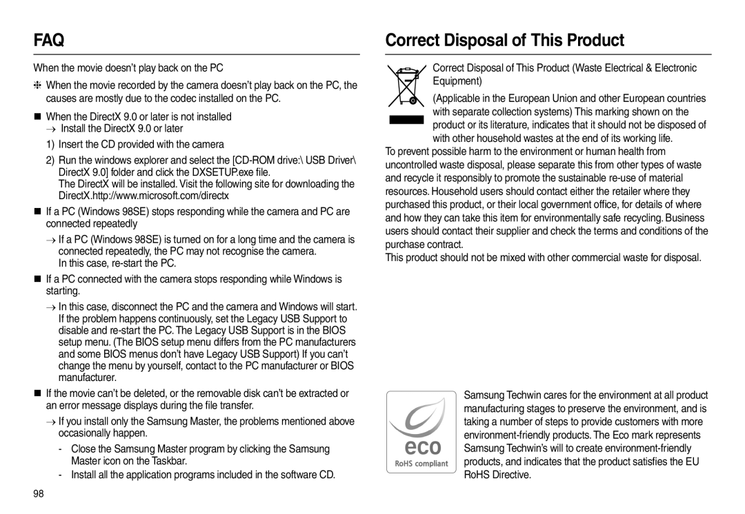 Samsung EC-P1000PBA/IT, EC-P1000BBA/IT manual Correct Disposal of This Product, When the movie doesn’t play back on the PC 