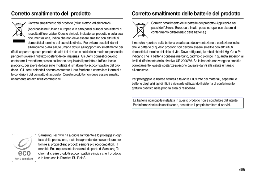 Samsung EC-P1000BBA/IT, EC-P1000SBA/IT Corretto smaltimento del prodotto, Corretto smaltimento delle batterie del prodotto 