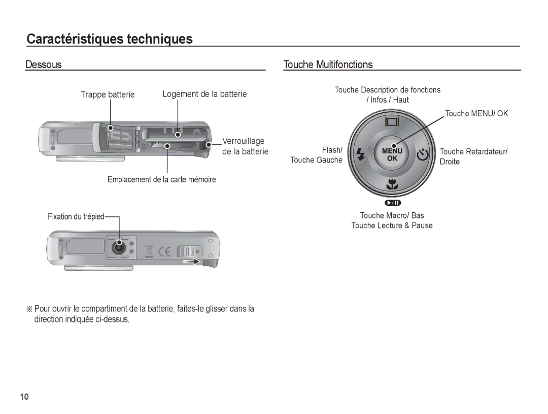 Samsung EC-P10ZZSBB/FR manual Dessous, Trappe batterie Logement de la batterie, Verrouillage, De la batterie 