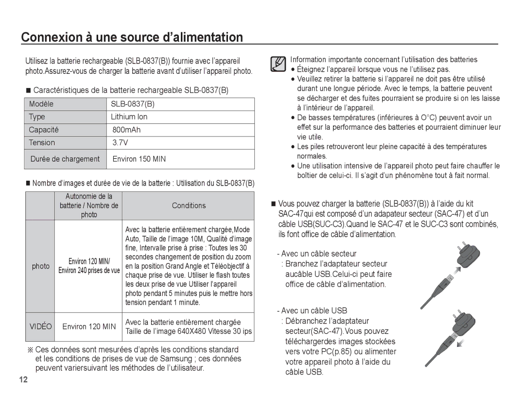 Samsung EC-P10ZZSBB/FR manual Connexion à une source d’alimentation, Caractéristiques de la batterie rechargeable SLB-0837B 