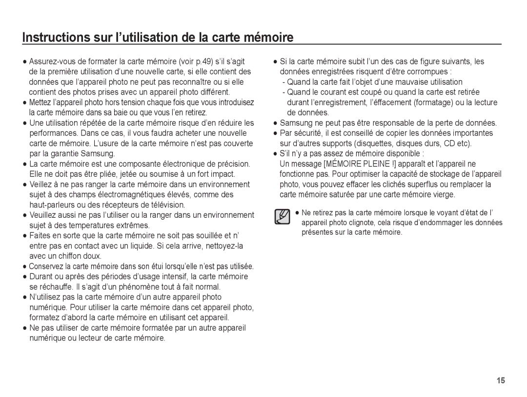 Samsung EC-P10ZZSBB/FR manual Instructions sur l’utilisation de la carte mémoire, ’il n’y a pas assez de mémoire disponible 