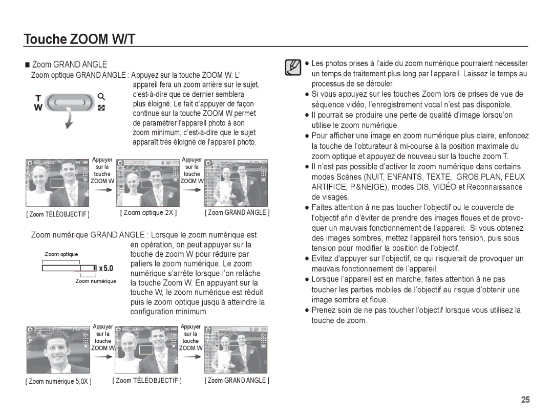 Samsung EC-P10ZZSBB/FR manual Zoom Grand Angle, En opération, on peut appuyer sur la, Touche de zoom W pour réduire par 