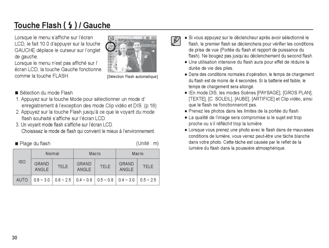 Samsung EC-P10ZZSBB/FR manual Touche Flash / Gauche, Comme la touche Flash, Sélection du mode Flash, Plage du ﬂash 