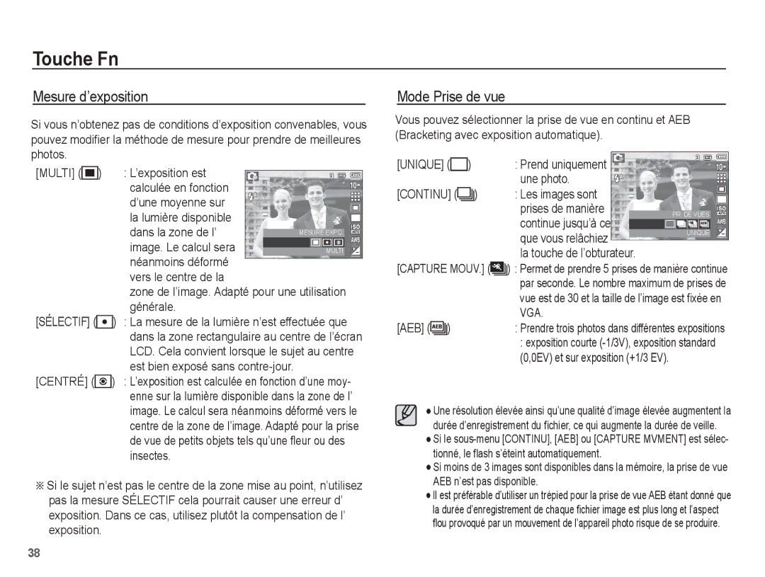 Samsung EC-P10ZZSBB/FR manual Mesure d’exposition, Mode Prise de vue 