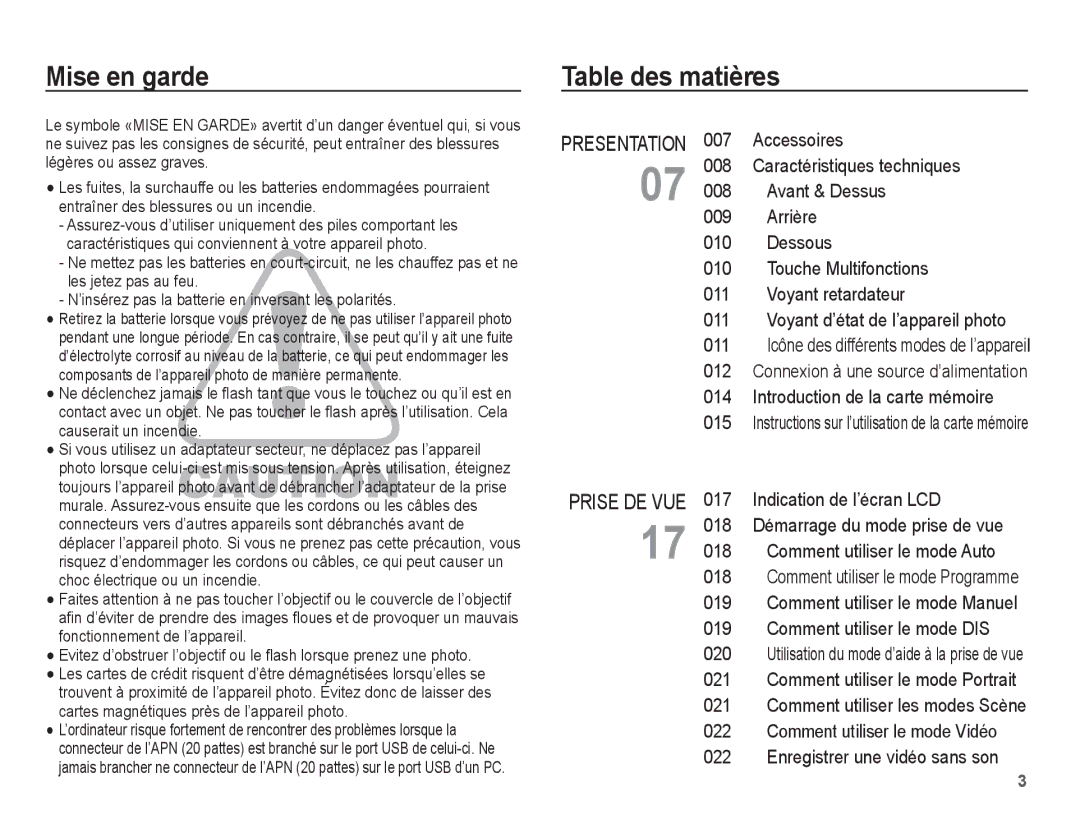 Samsung EC-P10ZZSBB/FR manual Mise en garde, Table des matières, Démarrage du mode prise de vue 