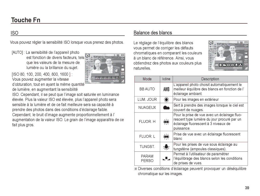 Samsung EC-P10ZZSBB/FR manual Balance des blancs, Vous pouvez augmenter la vitesse 