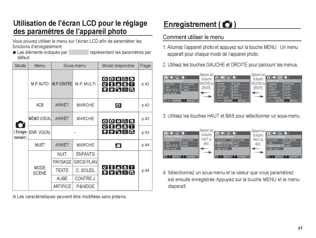 Samsung EC-P10ZZSBB/FR manual Enregistrement, Comment utiliser le menu, Sous-menu Mode disponible, Trement 