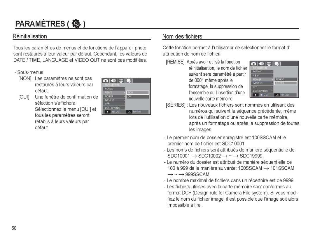 Samsung EC-P10ZZSBB/FR manual Réinitialisation, Nom des ﬁchiers, SDC10001 SDC10002 ~ SDC19999, ~ 999SSCAM 