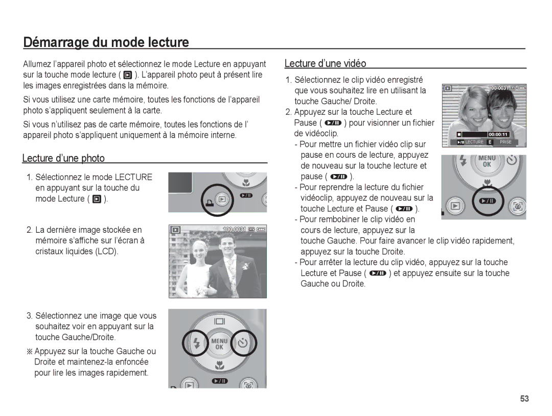 Samsung EC-P10ZZSBB/FR manual Démarrage du mode lecture, Lecture d’une photo, Lecture d’une vidéo 