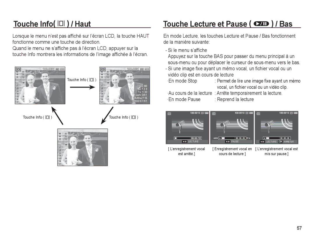 Samsung EC-P10ZZSBB/FR manual Touche Info î / Haut, Touche Lecture et Pause Ø / Bas, Arrête temporairement la lecture 