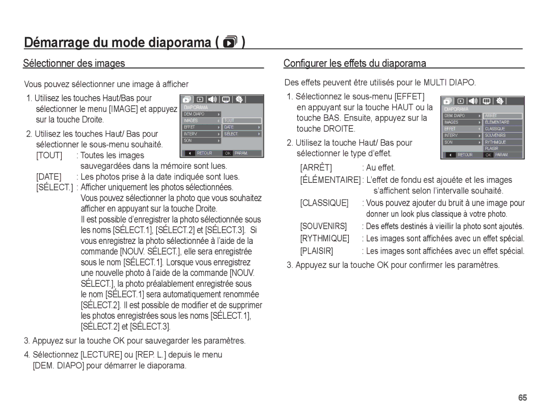 Samsung EC-P10ZZSBB/FR manual Sélectionner des images, Configurer les effets du diaporama 