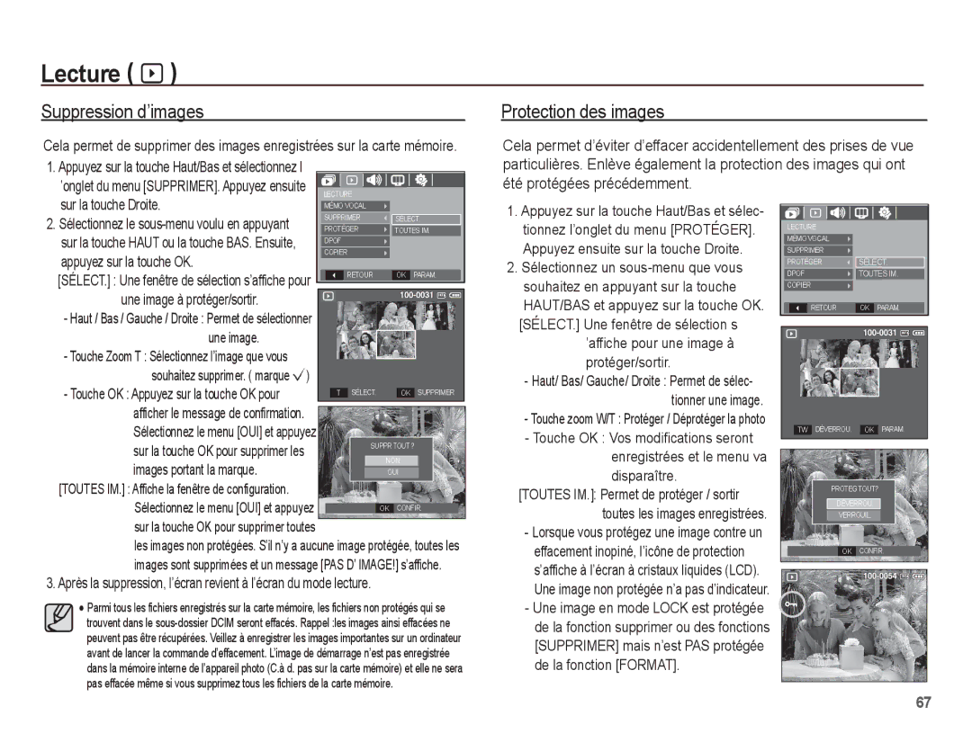 Samsung EC-P10ZZSBB/FR manual Suppression d’images, Protection des images 