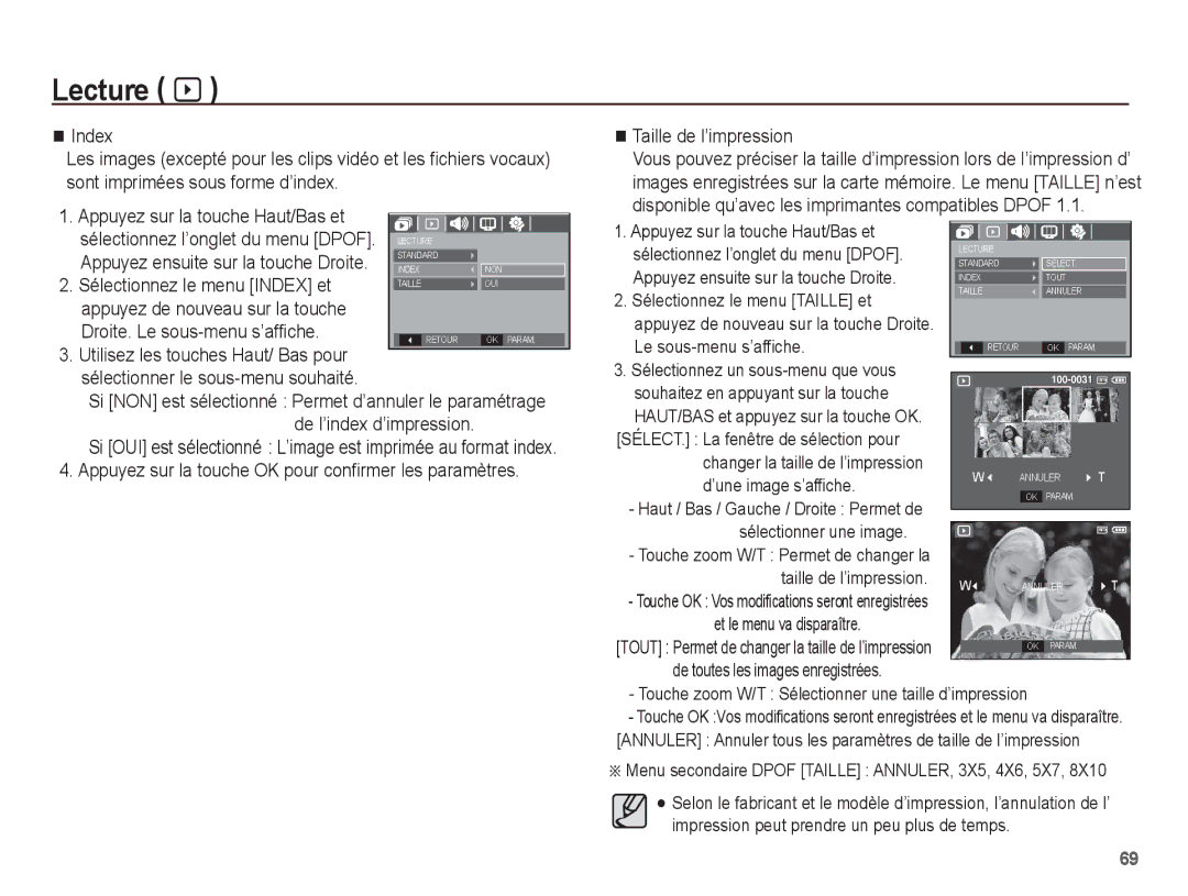 Samsung EC-P10ZZSBB/FR manual Sélectionnez le menu Index et, Droite. Le sous-menu s’affiche, De l’index d’impression 