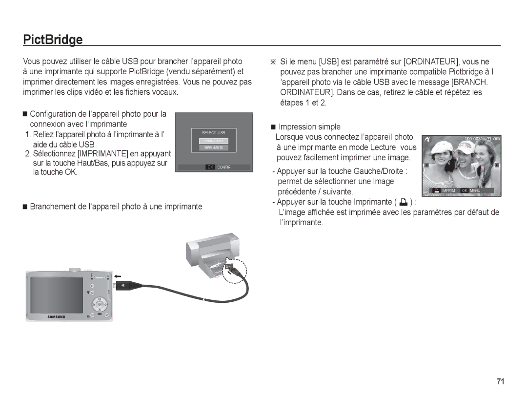 Samsung EC-P10ZZSBB/FR manual PictBridge, Étapes 1 et, Impression simple Lorsque vous connectez l’appareil photo 