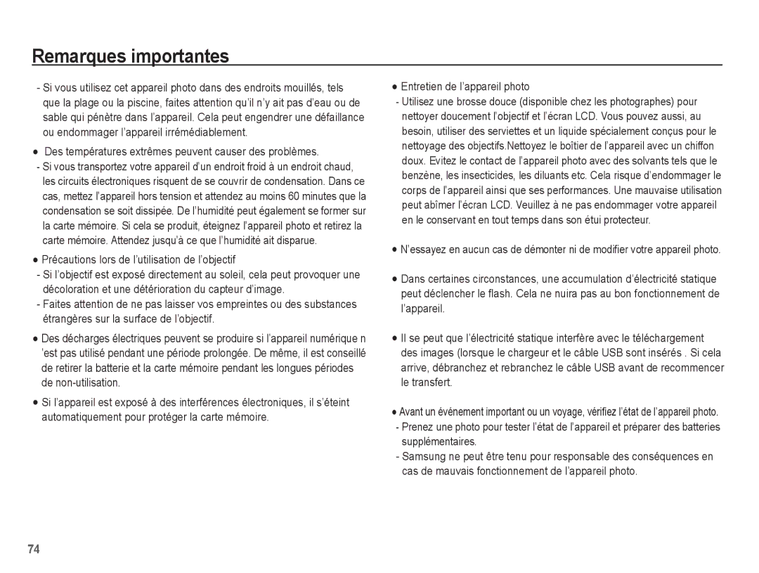 Samsung EC-P10ZZSBB/FR manual Des températures extrêmes peuvent causer des problèmes 