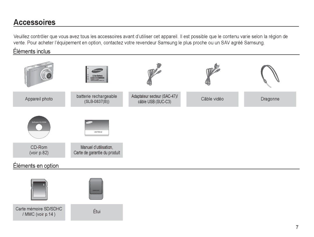 Samsung EC-P10ZZSBB/FR manual Accessoires, Éléments inclus, Éléments en option, Appareil photo, Câble vidéo 