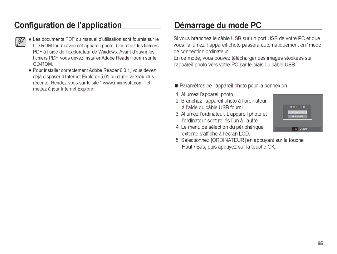 Samsung EC-P10ZZSBB/FR manual Configuration de l’application Démarrage du mode PC 