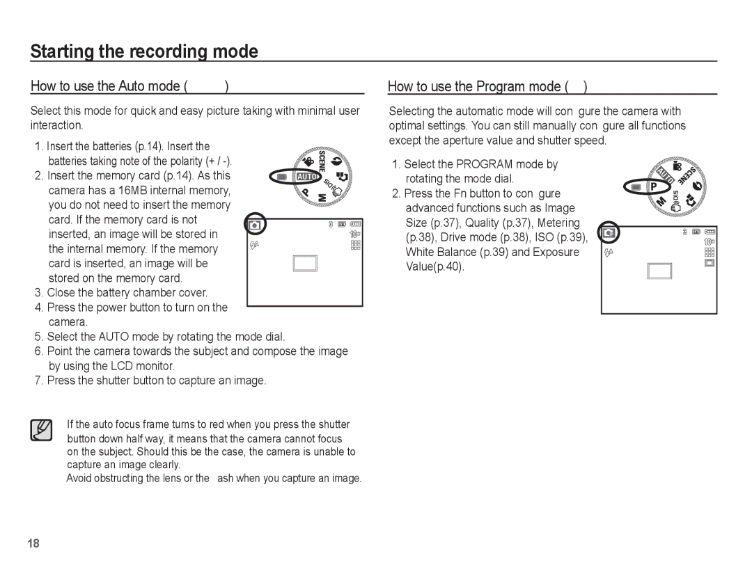 Samsung EC-P10ZZSBB/FR manual Starting the recording mode, How to use the Auto mode μ, How to use the Program mode 