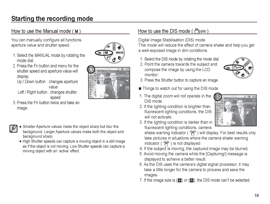 Samsung EC-P10ZZSBB/FR manual How to use the Manual mode ¸, Digital zoom will not operate in the DIS mode 