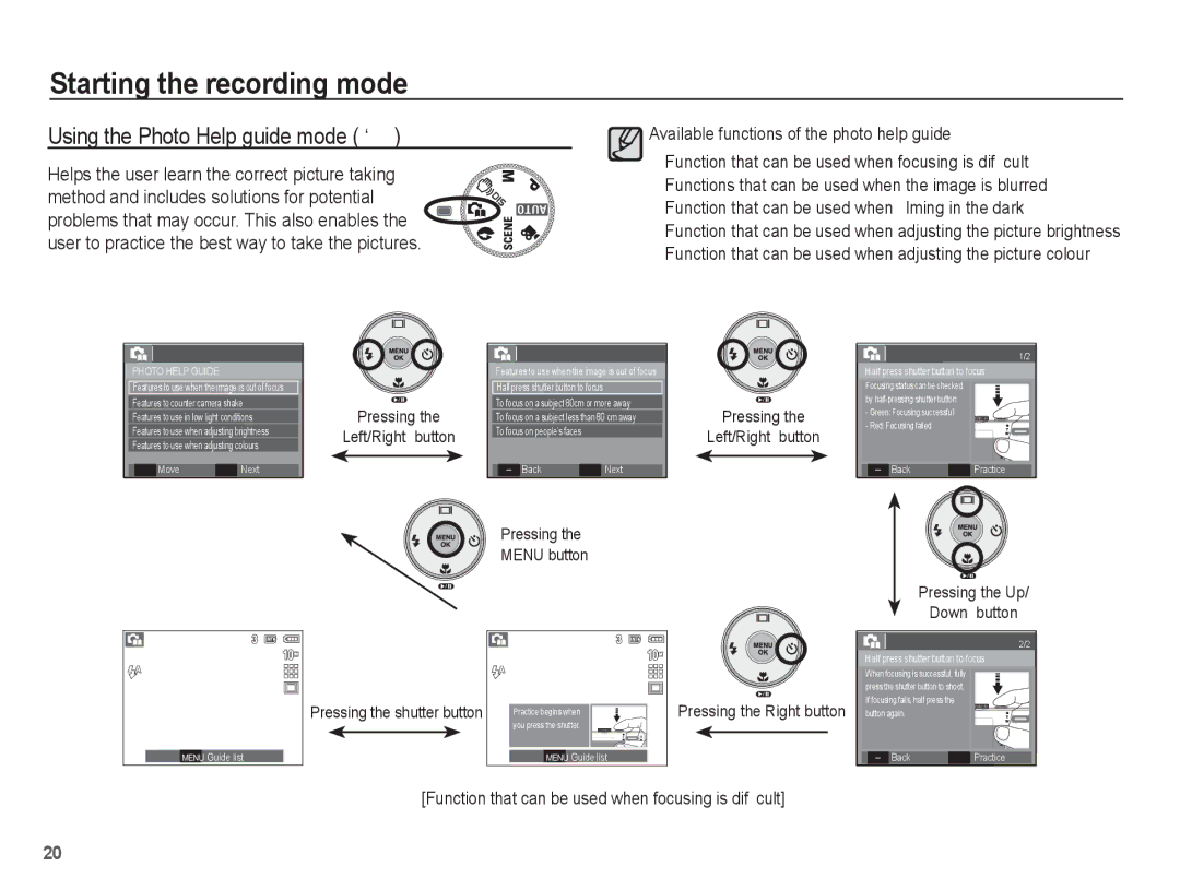 Samsung EC-P10ZZSBB/FR manual Using the Photo Help guide mode ` 