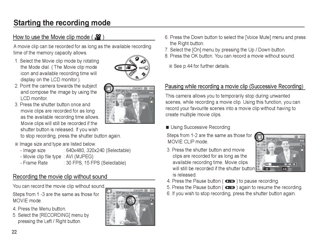 Samsung EC-P10ZZSBB/FR manual How to use the Movie clip mode ´, Recording the movie clip without sound, Frame Rate 