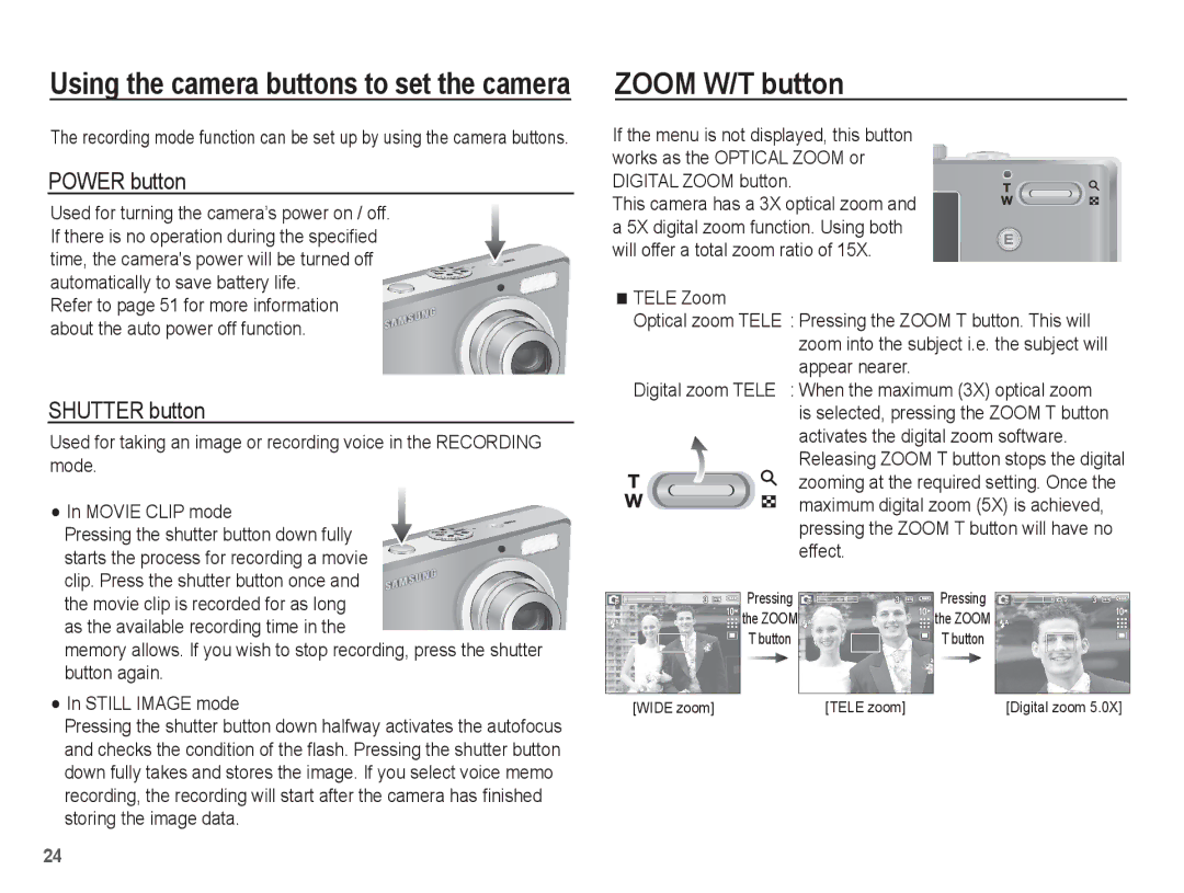 Samsung EC-P10ZZSBB/FR manual Zoom W/T button, Power button, Shutter button 