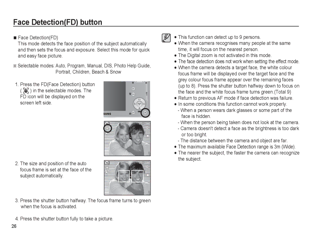 Samsung EC-P10ZZSBB/FR manual Face DetectionFD button, Digital zoom is not activated in this mode 