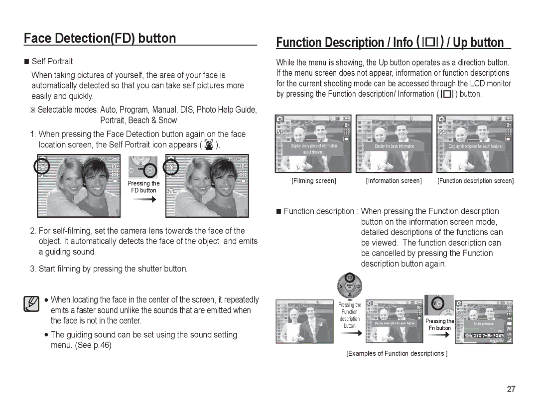 Samsung EC-P10ZZSBB/FR manual Function Description / Info / Up button 