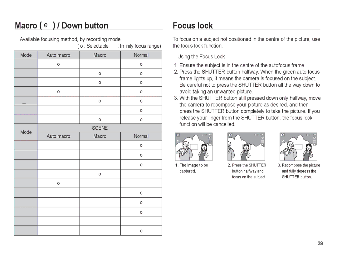 Samsung EC-P10ZZSBB/FR manual Focus lock, Available focusing method, by recording mode, Selectable 