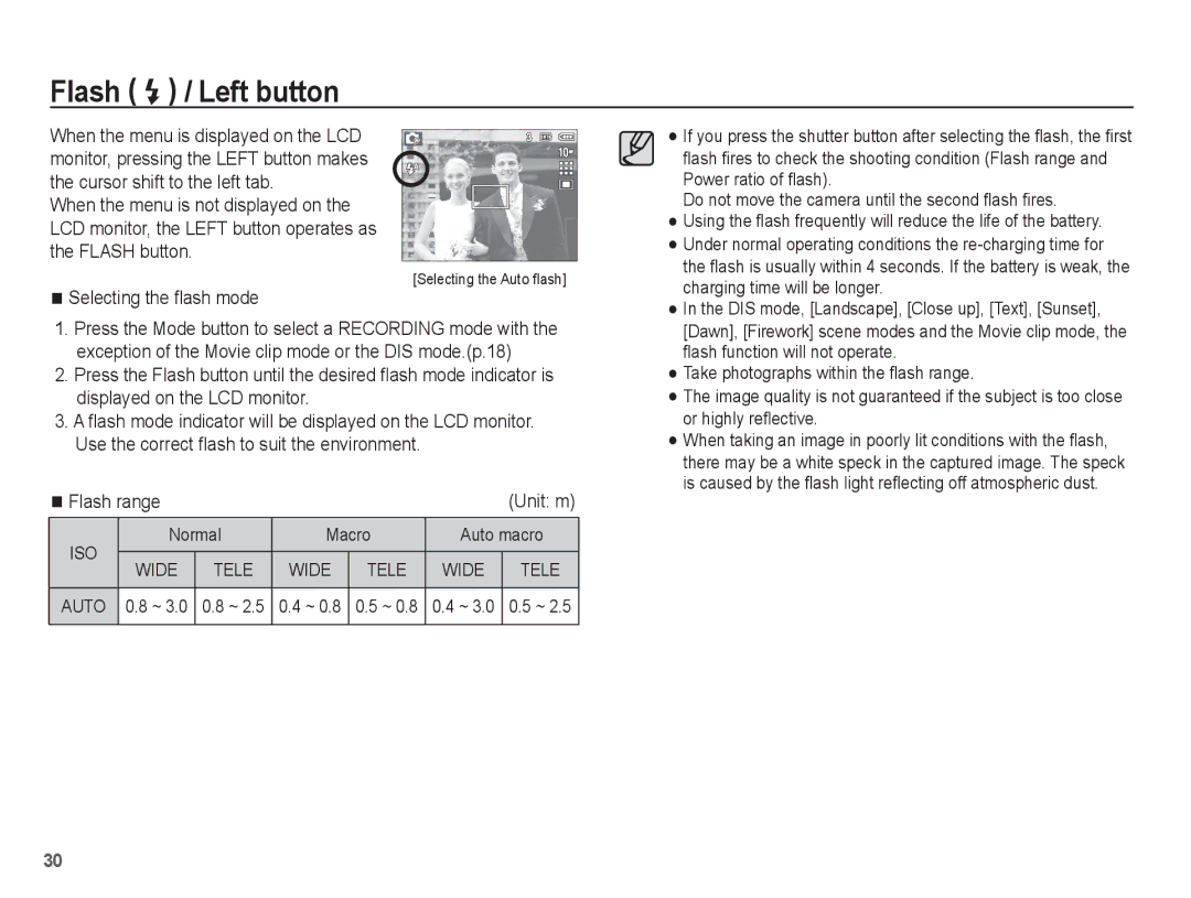 Samsung EC-P10ZZSBB/FR manual Flash / Left button, Selecting the ﬂash mode, Flash range, Normal Macro Auto macro 
