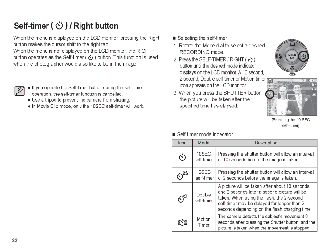 Samsung EC-P10ZZSBB/FR manual Self-timer / Right button, Icon appears on the LCD monitor, Self-timer mode indecator 